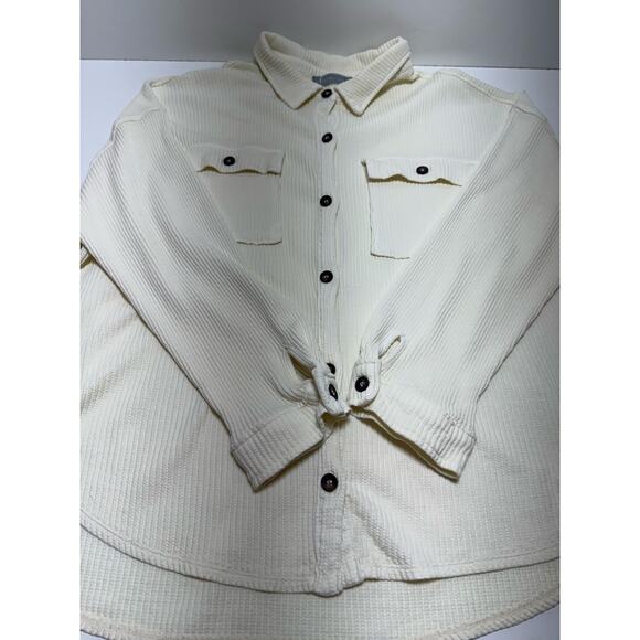 Ivory Waffle Button Up Women’s Shirt Ling Sleeve Sz L Thermal Loose Fit - Picture 5 of 8